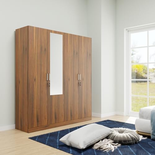 Image of VIKI Wardrobe | Wooden Almirah for Clothes,Door for Bedroom, 4 Door Wardrobe with Shelves, Mirror & Hanging Space (Brussel Walnut - 40D x 160W x 180H) | 1 Year Warranty | Free Assembly