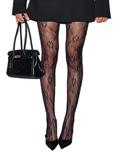 Luckinbaby Women Y2K Floral Patterned Tights Lace See Through Pantyhose Stockings Sexy High Waist Sheer Leggings(Solid Black One Size)