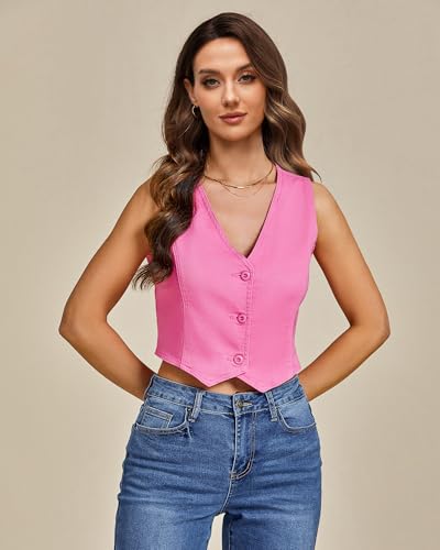 LookbookStore Denim Vest for Women Trendy Sleeveless Cropped Stretchy Jean Vests Top Summer Casual Button Wasitcoat Tops4