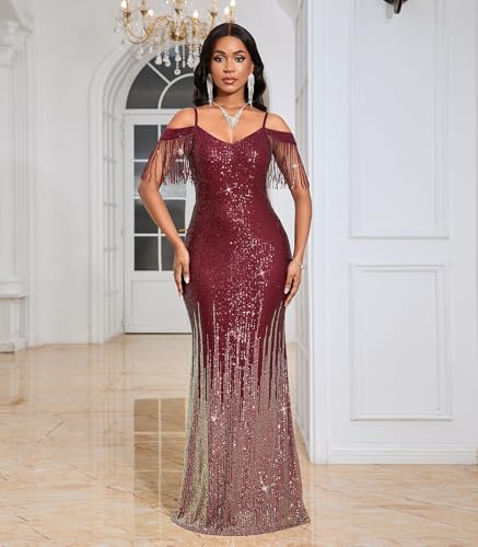 Image of Cololura Women Sexy Sequin Tassel Off Shoulder Halter Bodycon Formal Party Evening Gown Maxi Dress