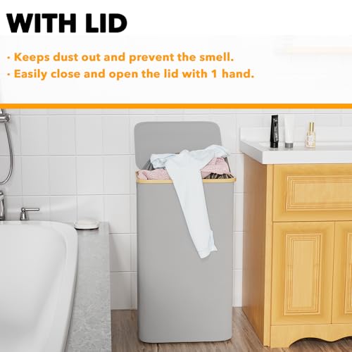 SpaceAid Laundry Hamper with Lid, 110L Large Tall Clothes Basket Bin with Bamboo Handles, Collapsible Laundry Hamper for Bedroom, Bathroom, Dorm, Laundry Room - Light Grey