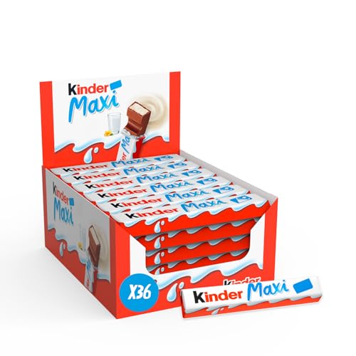 Kinder Maxi – Barra de chocolate con corazón de leche fondant recubierta de chocolate Kinder – Sabor Fondant y Gourmand – 36 barras
