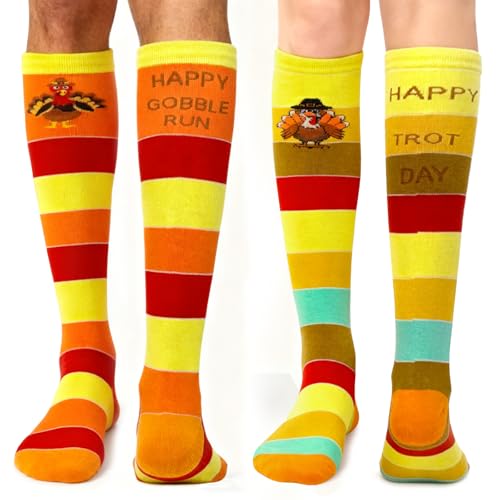 Asikkon 2 Pairs Thanksgiving Turkey Socks for Women Men, Thanksgiving Running Socks Knee High Socks for Turkey Trot, Holiday Gifts