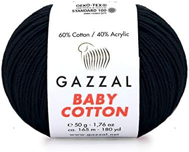 5 Skein (Pack) Total 8.8 Oz. Gazzal Baby Cotton Each 1.76 Oz (50g) / 150 Yrds (165m) Soft, Fine Baby Yarn, 60% Cotton (Black - 3433)