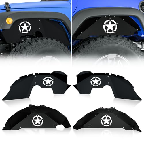 EYOUHZ for Wrangler JK Front and Rear Inner Fender Liners Back Wheel Well Cover Compatible with 2007-2018 Jeep Wrangler JK & JKU 2/4 Doors, White Star Logo Steel Mud Guards Fender Flare Liners (4 PCS)