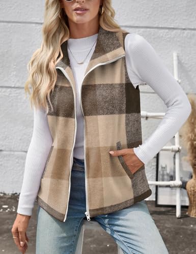 Rapbin Women Casual Sleeveless Plaid Zipper Christmas Vest Cardigan Jacket with Pockets - Thumbnail 6