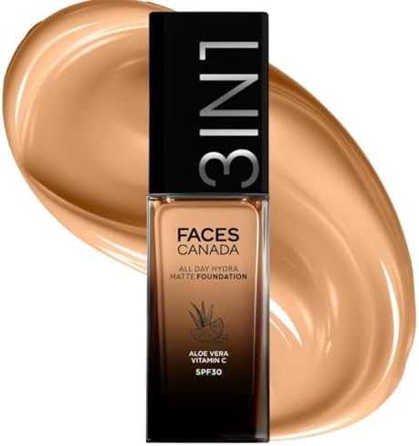 FACES CANADA All Day Hydra Matte Foundation | 3-in-1 Foundation + Moisturizer + SPF 30 | 24 HR Aloe Hydration & Vitamin C | 10HR Long Wear | Medium to High Buildable Coverage | Golden Beige 032 | 30ml
