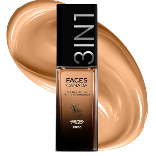Image of FACES CANADA All Day Hydra Matte Foundation | 3-in-1 Foundation + Moisturizer + SPF 30 | 24 HR Aloe Hydration & Vitamin C | 10HR Long Wear | Medium to High Buildable Coverage | Golden Beige 032 | 30ml