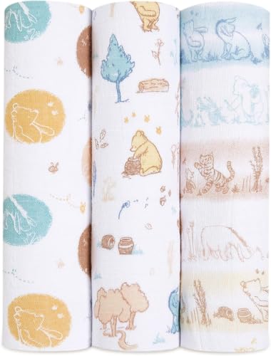 aden + anais Boutique Muslin Swaddle Blanket for Baby Girls and Boys, Newborn Receiving Blanket for Swaddling, 100% Muslin Cotton Swaddle Wrap, 3 Pack, Winnie in The Woods, Disney Baby
