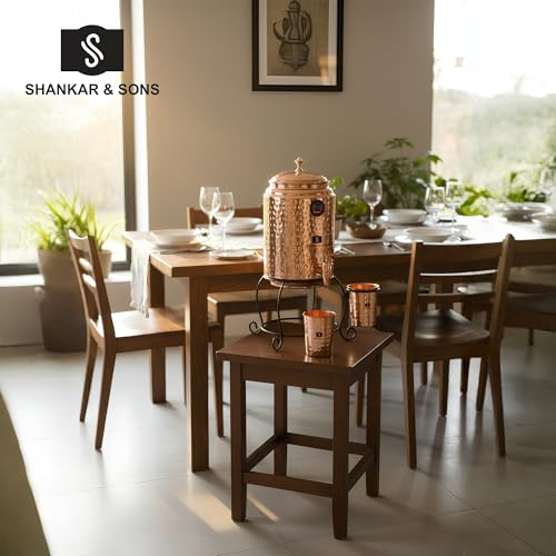 Image of SHANKAR & SONS 5 Litre Copper Water Dispenser Pot with Black Iron Stand and 2 Glasses | Hammered Texture, Non-Toxic, BPA Free with Added Health Benefits Traditional Matka for Drinking Water