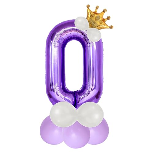Image of Purple 0 Number Foil Balloon with Crown & Base Balloons | 32 Inch Helium Supported for Birthday, Anniversary, Baby Shower Decoration - Pack of 14