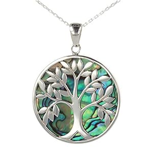 Aden – Pendentif Nacre abalone symbole arbre de vie Argent rhodié rond
