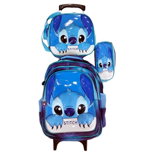 Kit Mochila Stitch com Rodinhas Infantil em 3D Para Meninos + Lancheira Térmica + Estojo Escolar