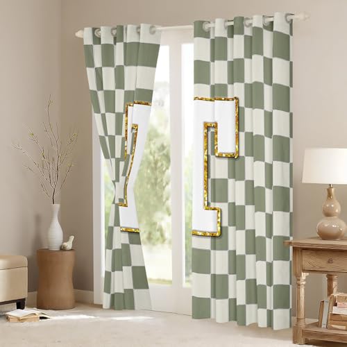 Image of Erosebridal Sage Green Checkered Window Curtains 38 inch Wx54 L Plaid Initial T Blackout Curtains for Bedroom Living Room,Personalized Monogram Window Treatments Grids Gingham Drapes Decor 2 Panels