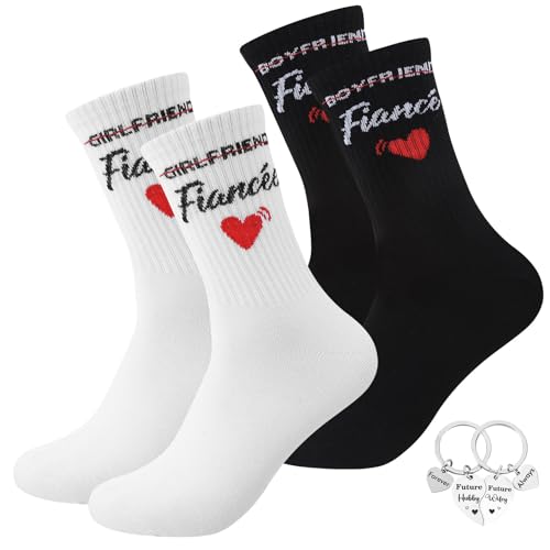 Zuimei Engagement Gifts for Couples Friends Her Him Novelty Bride to be Gift Bridal Present for Engage Wedding 2 Paires Funny Cotton Socks Keyring for Bride and Groom Husband Wife