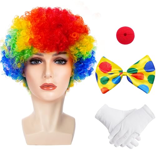 jiebor Clown Costume Set Clown Rainbow Wig Nose Bow Tie White Gloves Accessories for Parties Carnivals Pretend Play Women Men Adults