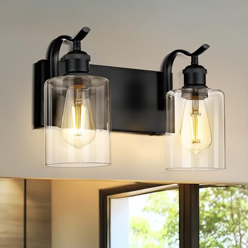 Image of 2-Light Black Bathroom Light Fixture Over Mirror, Modern Vanity Light, Clear Glass Wall Sconce, VL01BK-2