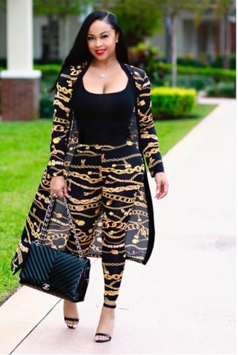 Max2co Women 2 Piece Outfits Floral Long Sleeves Open Front Cardigan Cover up with Leggings High Waist Long Pants Set3