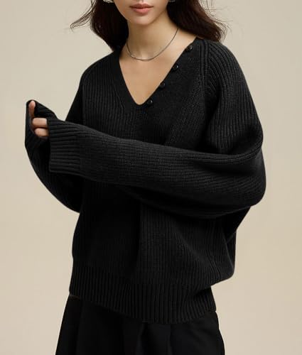 chouyatou Women's Casual V Neck Pullover Sweaters Ribbed Knit Slouchy Jumper Tops with Removable Scarf2