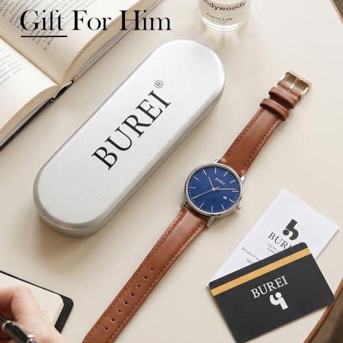 Image of BUREI Men's Fashion Minimalist Wrist Watch Analog Date with Leather Strap