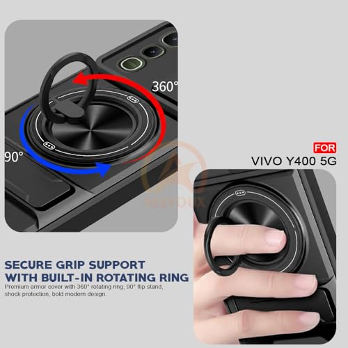 Image of Vivo Y400 5G Back Cover | Armor Camera Slider 360 Degree Rotating Finger Ring Holder Case with Bracket Stand Back Case Cover (Compatible with MagSafe Accessories) (Black)
