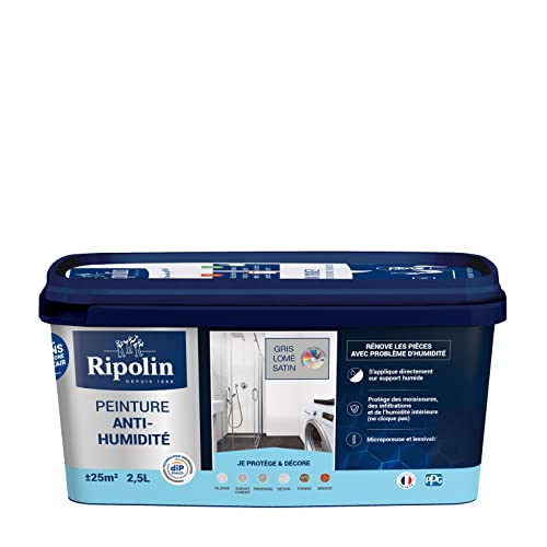 RIPOLIN - Peinture Anti-Humidité Intérieur - Haute Protection pour Murs Sujets aux Infiltrations d'Eau - Protège des Moisissures - Microporeuse & Lessivable - Satin - 2,5L - Gris Lome