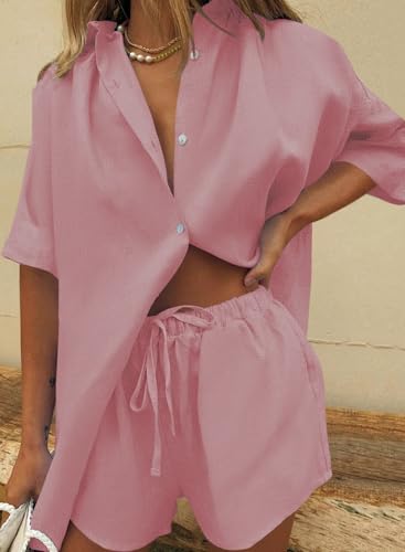 Image of Fixmatti Women 2 Piece Outfits Long Sleeve Button Down Blouse and Shorts Sweatsuit Sets