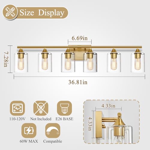 Image of 6-Light Gold Vanity Light,Bathroom Light Fixtures,Modern Brushed Brass Gold Wall Sconce Lighting,Bathroom Wall Lamp for Mirror Bedroom Living Room Vanity Table Hallway