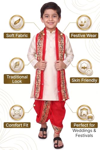 Image of Boys Dhoti Kurta Set Sherwani Style for Kids | Ethnic Traditional Kids Wear with Patiala Dhoti & Dupatta | Wedding Dress for Boys | Indian Cultural Outfit for Puja Festival Party