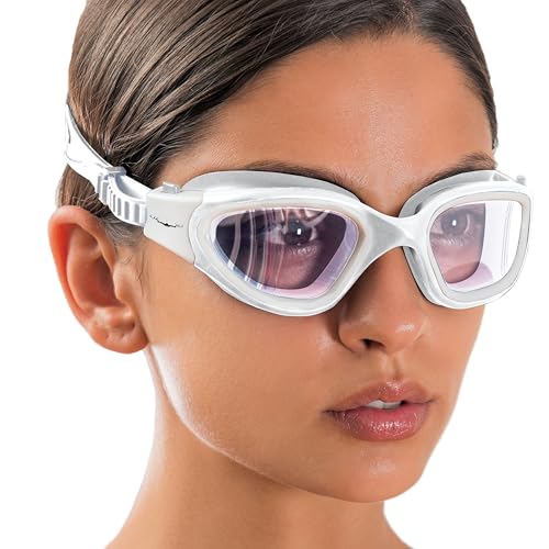AqtivAqua Swimming Goggles Adult and Kids Goggles Kids 6-14 Men Women Swim Children Boys Girls DX-C (All White frame, Silver case, Clear lens)