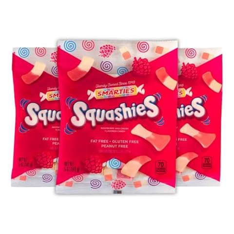 Smarties Squashies Foam Marshmallows Gummies Candy Gluten Free Gummy Candy Bulk Peanut Free Perfect for Birthday & Halloween Party Favors & Raspberries Flavored 5 oz Candy Bags (Pack of 3) Cover