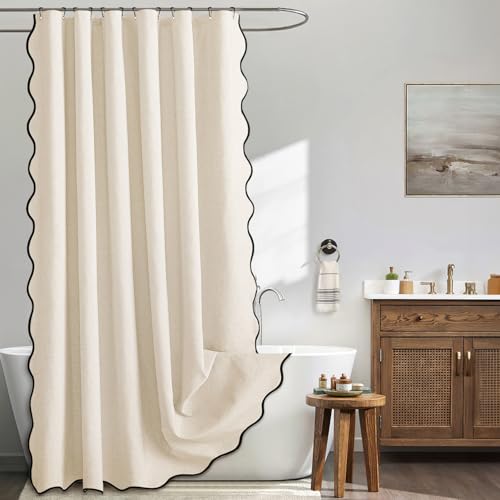 MIULEE Ivory Scalloped Shower Curtain Linen Textured with 12 Metal