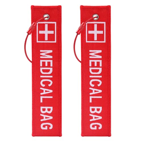 2 Pack Medical Alert Bag Tag Red Embroidered Emergency ID Label for Luggage (5.1x1.81 Inch) for CPAP/Diabetic Supplies Travel Accessories with 2 Red Wire Key Rings