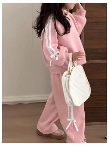 Toddler Girl's 2 Piece Sweatsuits Bow Striped Crewneck Sweatshirt and Sweatpants Set4