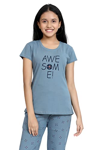 Image of Kids Night Suit for Girls - Cotton Set of Pyjama & T-Shirt Sleepwear - Lightweight & Comfortable Night Wear for Kids