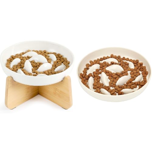 Gamelles anti-glouton chat en céramique noble et support en bambou design