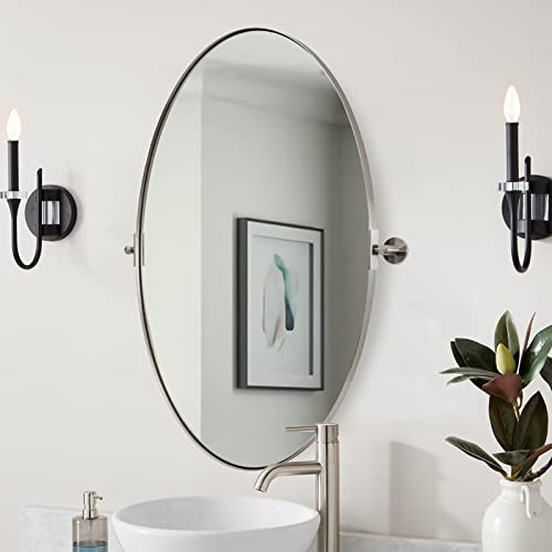 Moon Mirror Nickel Oval Pivot Mirror, Oval Nickel Vanity Mirror For Wall, Oval Mirror For Bathroom, Brushed Nickel Metal Framed Tilting Pivoting Mirror(Overall 23.75" X 28") #TOP26