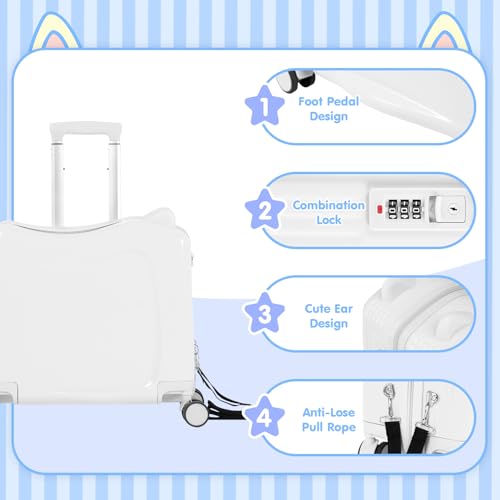 advwin 20" Kids Ride-On Travel Suitcase, Cute Ear Toddler Carry on Luggage with Spinner Wheels, Lightweight Trolly Luggage with Combination Lock (White Rope) — view 2