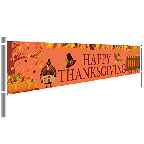 Large Thanksgiving Banner - Fall Decor with Turkey, Maple Leaves & Pumpkin - Indoor & Outdoor (8.2 x 1.5 FT)