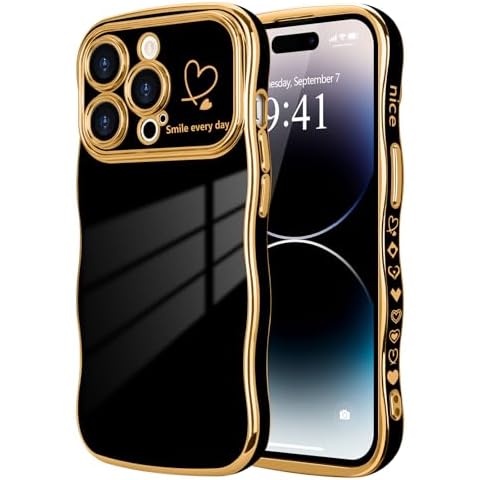 Urarssa for iPhone 14 Pro Max Case Cute Curly Wave Frame for Women Girls, Love Heart Print Luxury Plating Wavy Edge Soft TPU Shockproof Bumper with Full Camera Protection Cover Phone Case, Black Cover