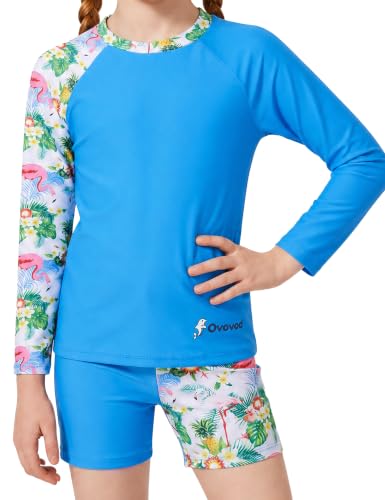 Ovovod Girls Swimsuit Two Piece Rash Guard Set for 4-14 Years Blue/Flamingo