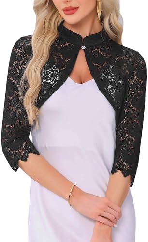 Allegra K Boléro Élégant en Dentelle Femme Manches 3/4 Cardigan Court Transparen