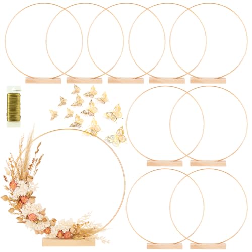 10 Pack Floral Hoop with Holders and 38-Yard Paddle Wire 16 Inch Metal Rings for DIY Centerpiece Table Decorations Crafts Macrame Rings Hoop Wreath Dream Catcher Rings Wedding Christmas Wreaths, Gold