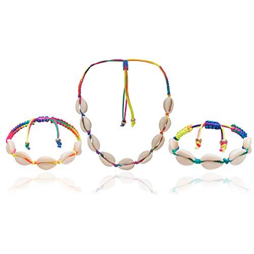 Shell Choker Necklace for Girls, Hawaiian Seashell Choker Necklaces Adjustable Cord Necklace Set with Shell Anklet Bracelet