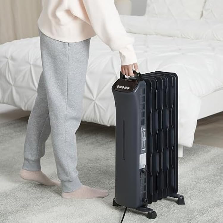 Amazon Basics Portable Oil Space Heater with Remote Control, 7 Oil-Filled Fins, Adjustable Thermostat, 3 Heat Settings, Tip-Over and Overheat Protection, ETL Safety Certificate, 1500W, Black