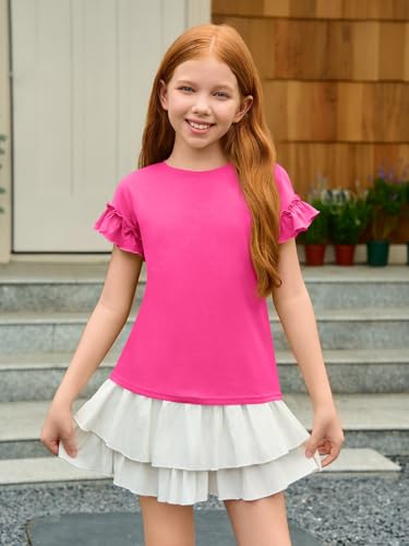 Haloumoning Girls Ruffle Short Sleeve T Shirts Kids Summer Crewneck Tops Cute Tees Blouse 5-14 Years4