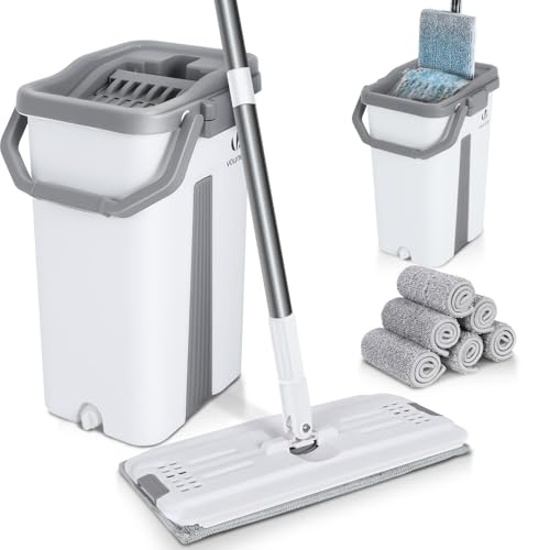 VOUNOT Flat Mop and Bucket set, 2-in-1 Hands Free Squeeze Mop User-Friendly Design, Includes 6 Reusable Microfiber Mop Pads, White
