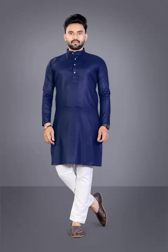 Image of weltpocket Men's Cotton Blend Solid Straight Kurta Pyjama