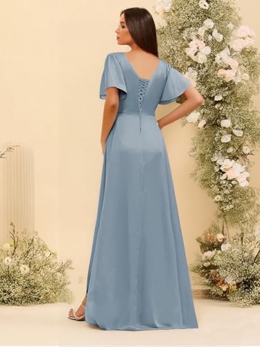MYDRESS Knotted Satin Bridesmaid Dresses with Pockets Short Flutter Sleeves Long Formal Party Dress2