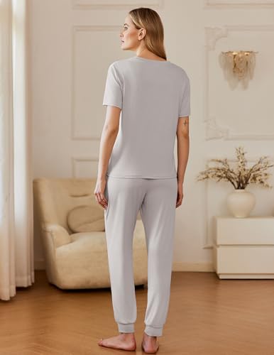 Image of Ekouaer Pajamas for Women Set 2 Pack Lounge Set Short Sleeve Pjs Joggers Long Pants Loungepwear with Pockets